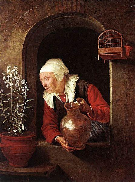 Gerard Dou Old Woman Watering Flowers